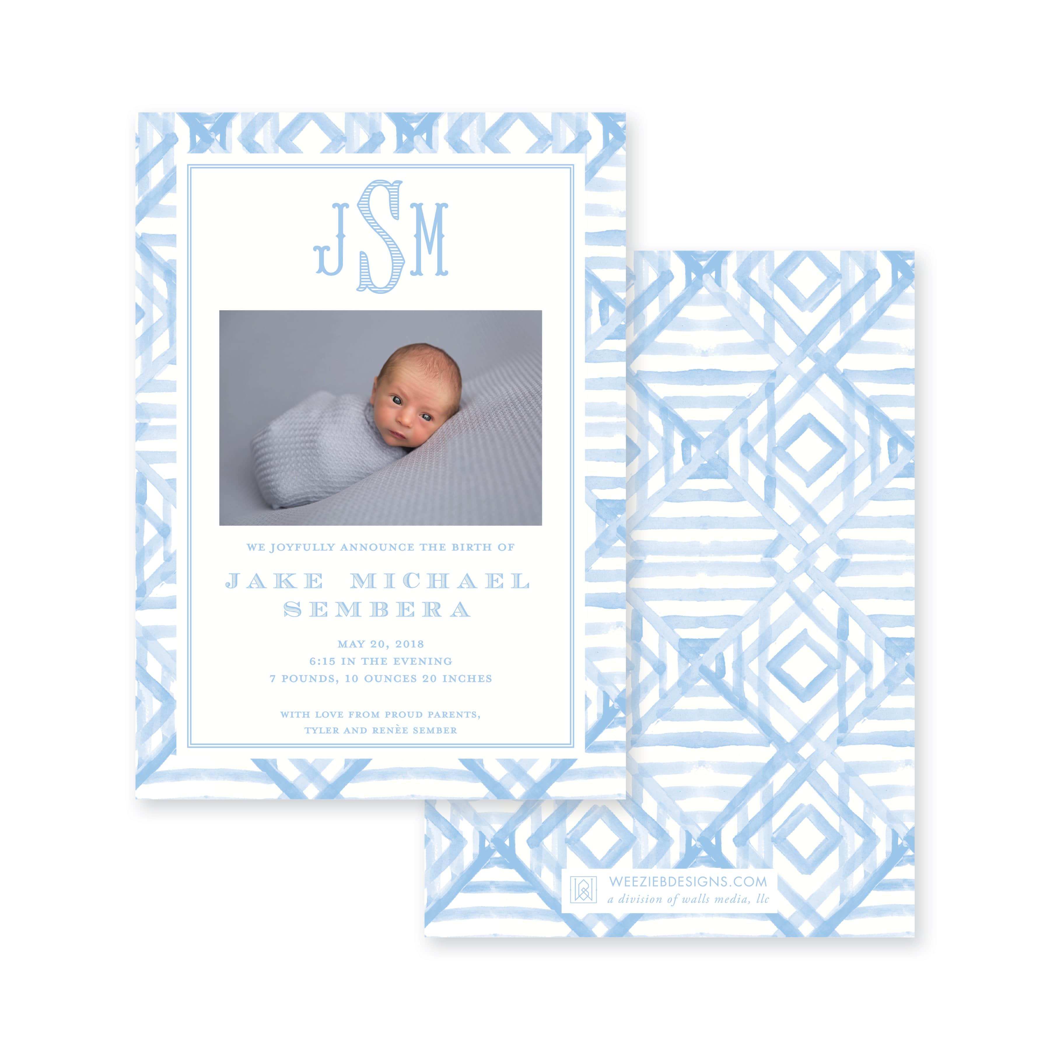 Watercolor Bamboo Vertical Birth Announcement – Weezie B. Designs