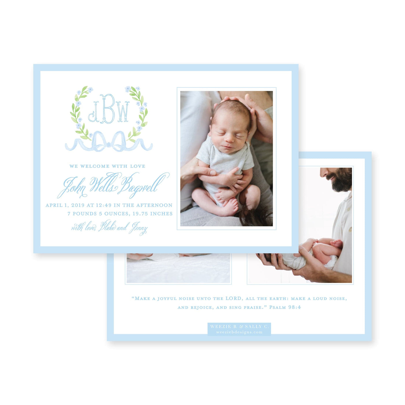 Sweet Watercolor Wreath and Bow Horizontal Birth Announcement