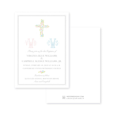 Weezie B. Designs | Pink & Blue Watercolor Cross Baptism Invitation