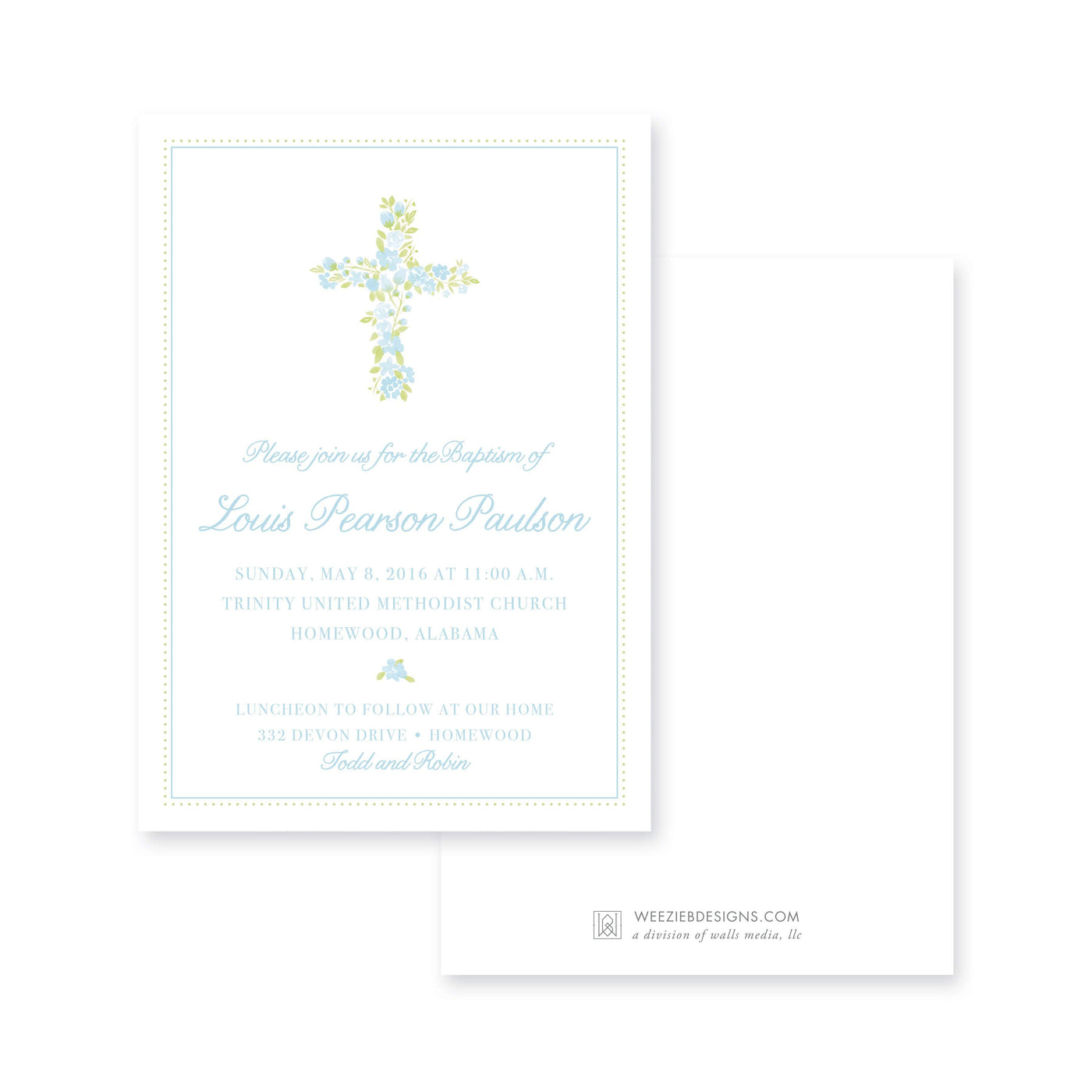 Weezie B. Designs | Watercolor Floral Cross Baptism Invitation
