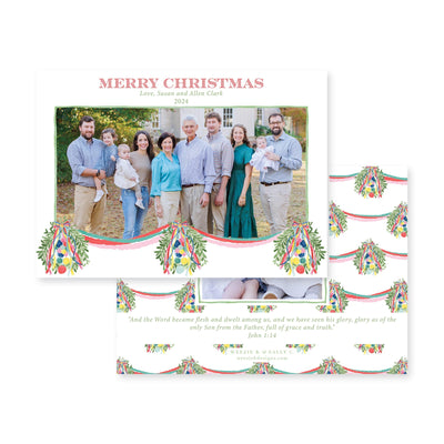 Bright Hanging Wreath Horizontal Christmas Card