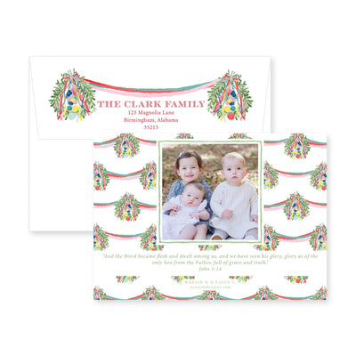 Bright Hanging Wreath Horizontal Christmas Card