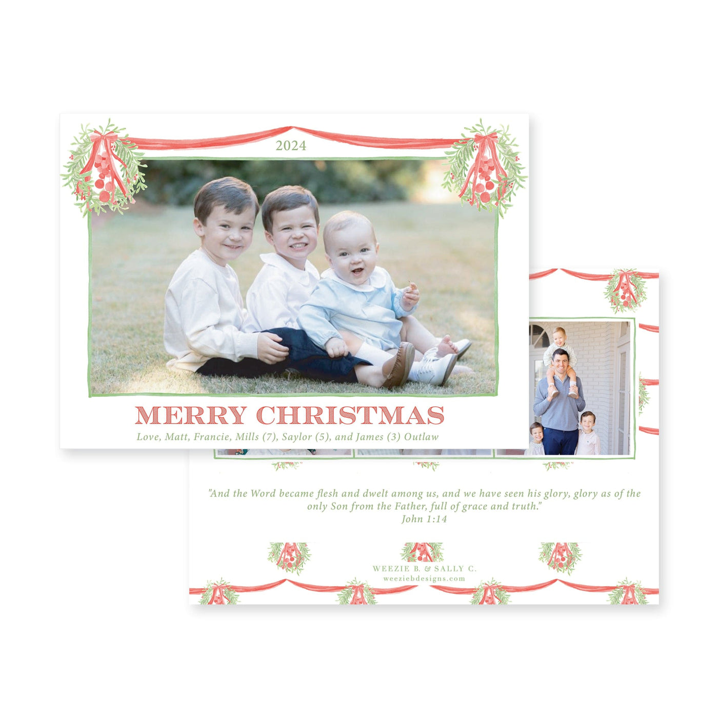 Double Hanging Wreaths Horizontal Christmas Card