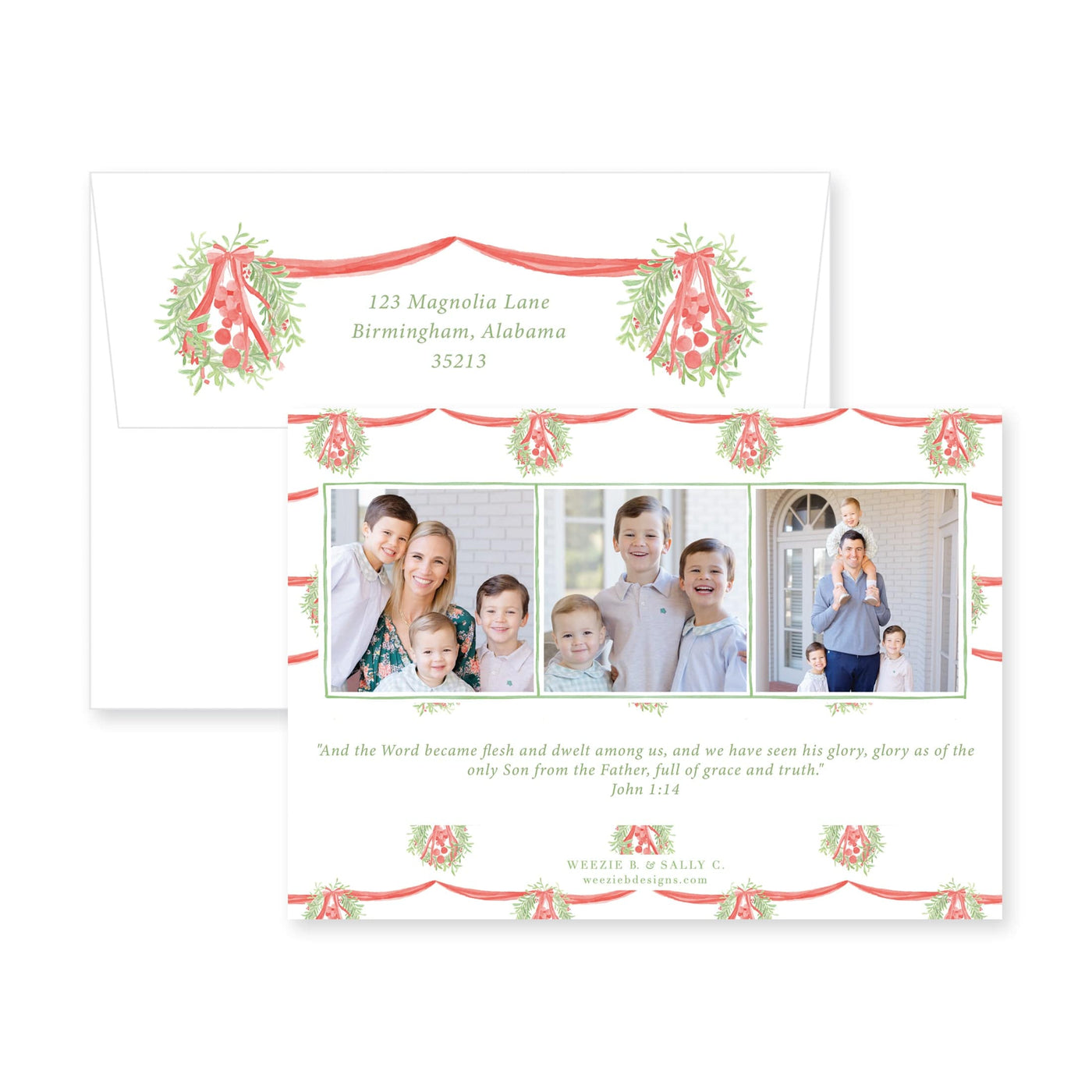 Double Hanging Wreaths Horizontal Christmas Card