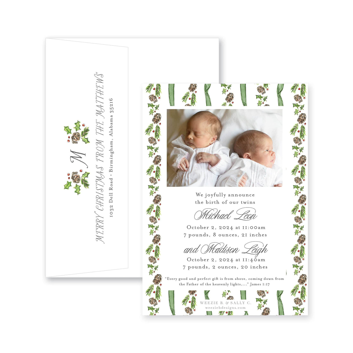 Pinecone Laurel Bow Announcement Christmas Card