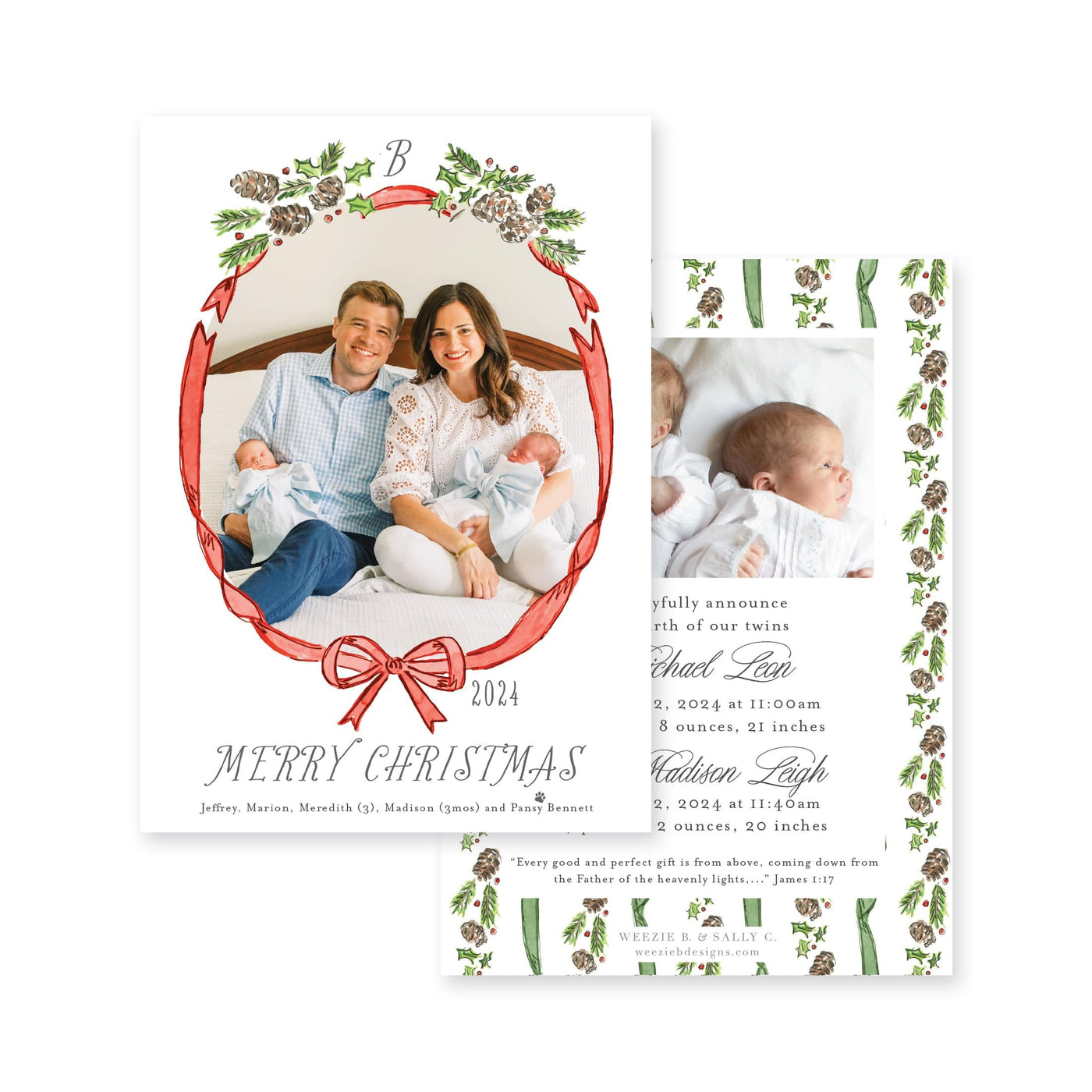 Pinecone Laurel Bow Announcement Christmas Card