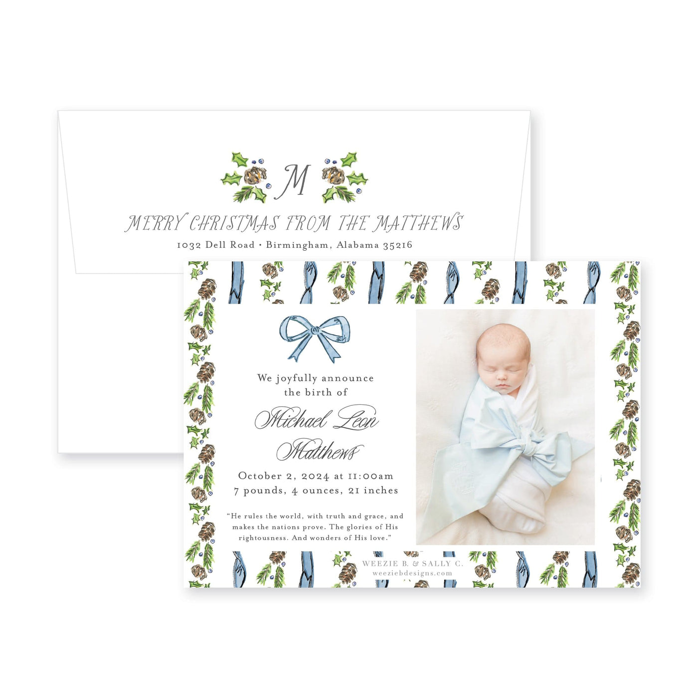 Pinecone Laurel Bow Announcement Christmas Card