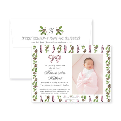 Pinecone Laurel Bow Announcement Christmas Card