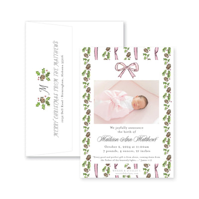 Pinecone Laurel Bow Announcement Christmas Card