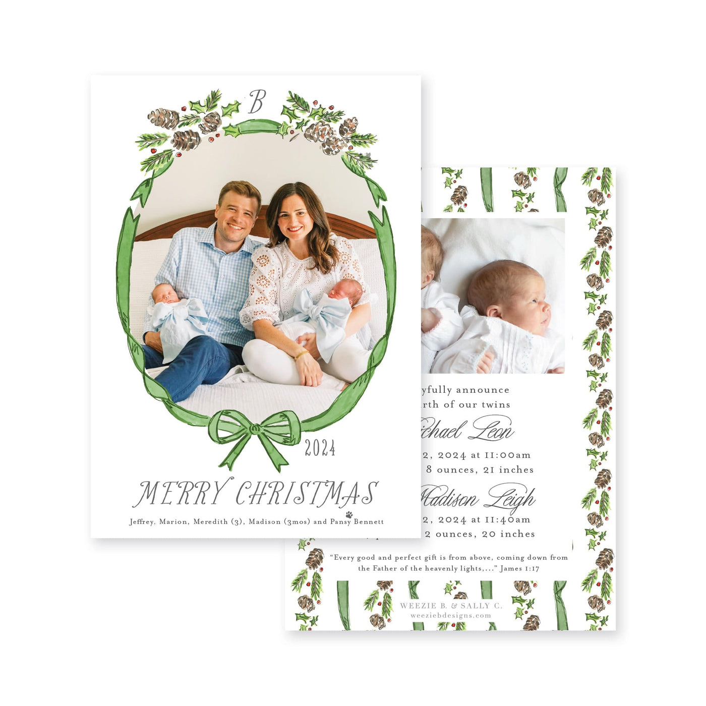 Pinecone Laurel Bow Announcement Christmas Card