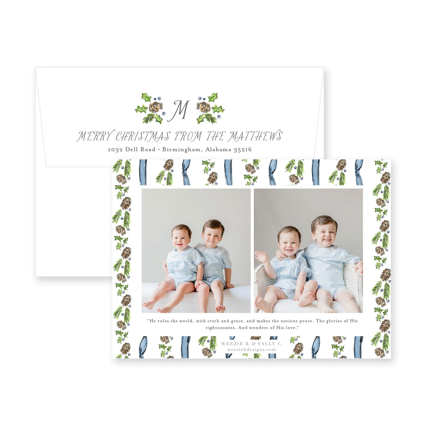 Pinecone Laurel Bow Horizontal Christmas Card