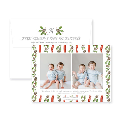 Pinecone Laurel Bow Horizontal Christmas Card