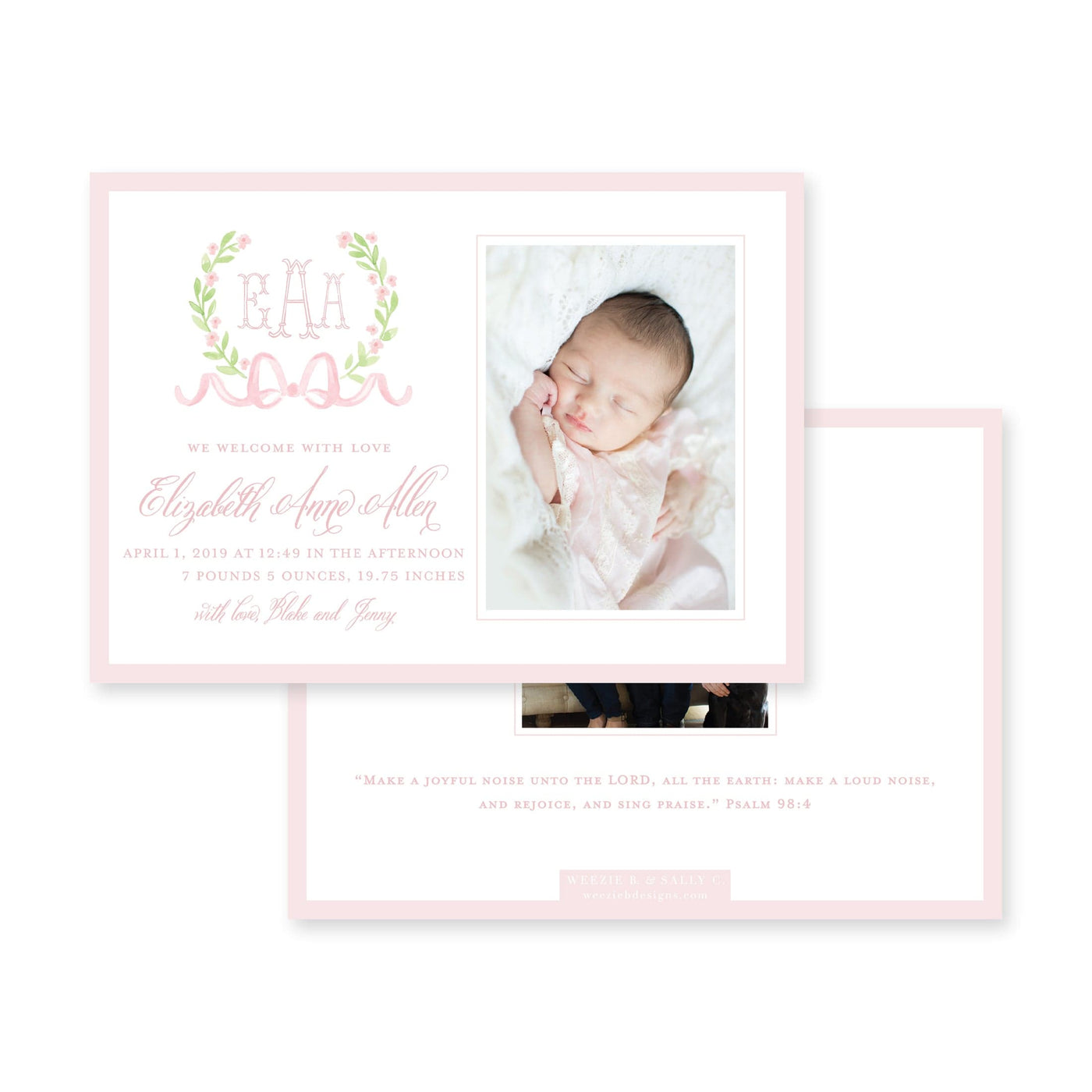 Sweet Watercolor Wreath and Bow Horizontal Birth Announcement