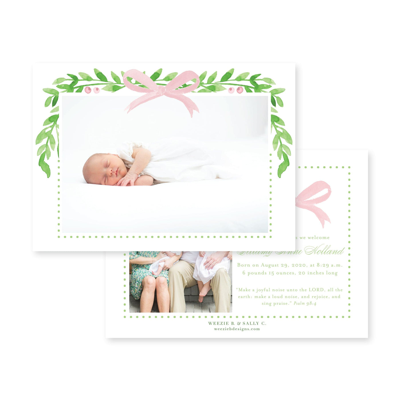 Sweet Bow With Greenery Horizontal Birth Announcement