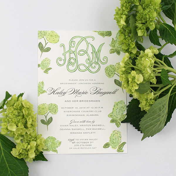 green watercolor monogram on bridal tea invite