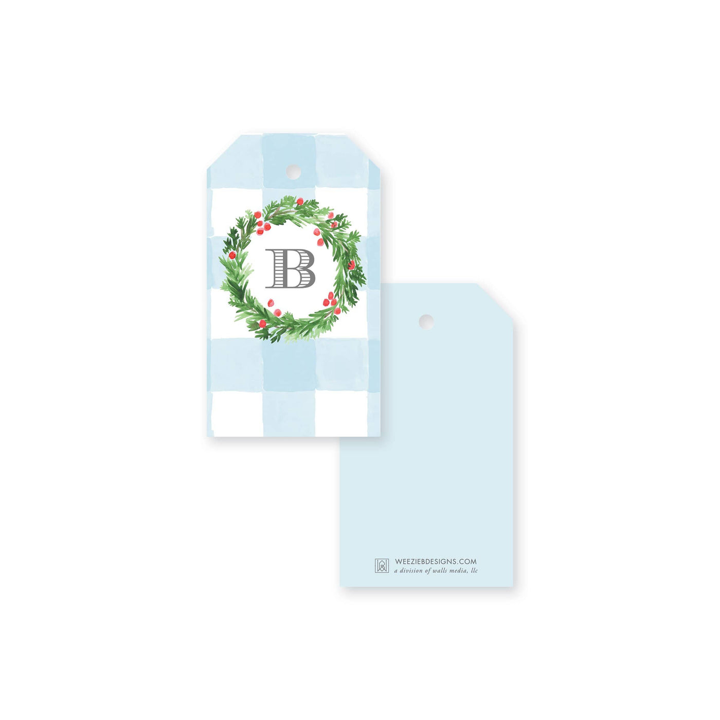 Blue Gingham with Wreath Christmas Gift Tag