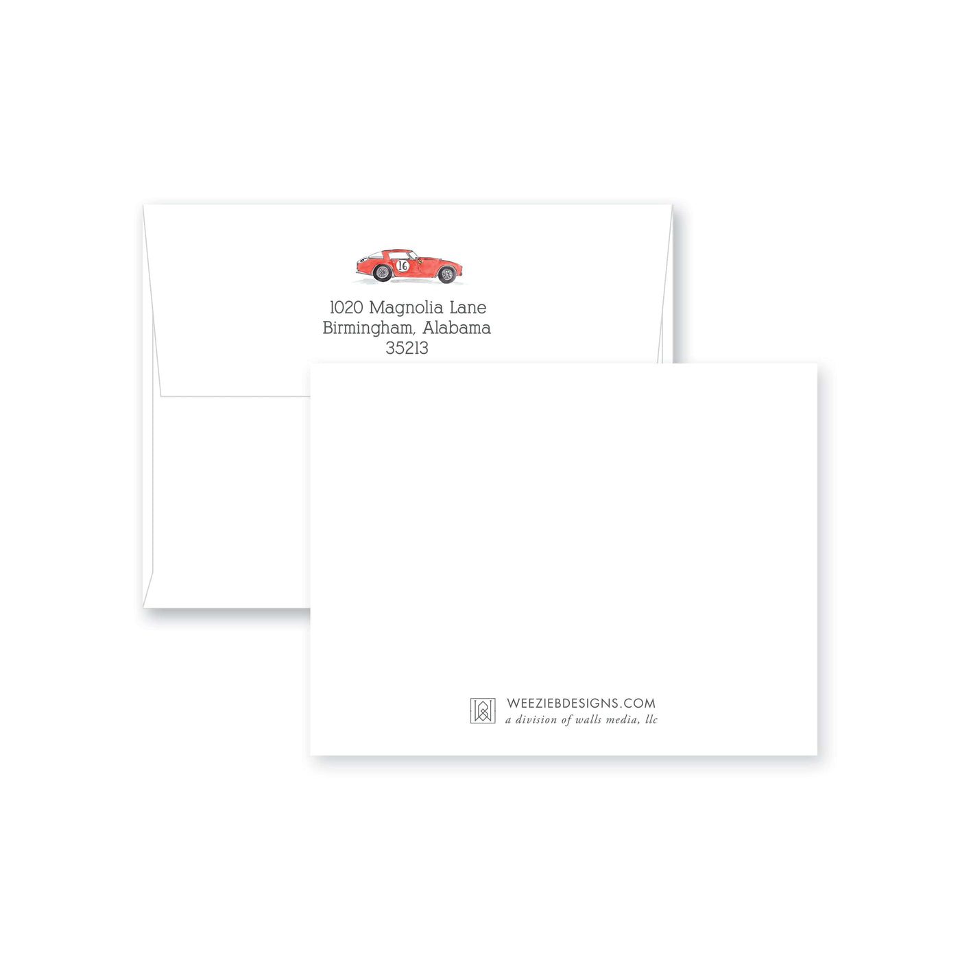 Weezie B. Designs | Watercolor Car Personalized Flat Note Cards