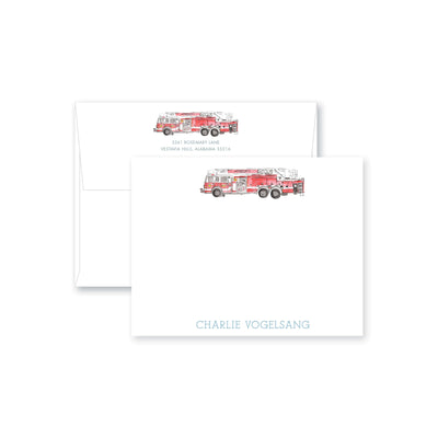 Weezie B. Designs | Watercolor Firetruck Personalized Flat Note Card