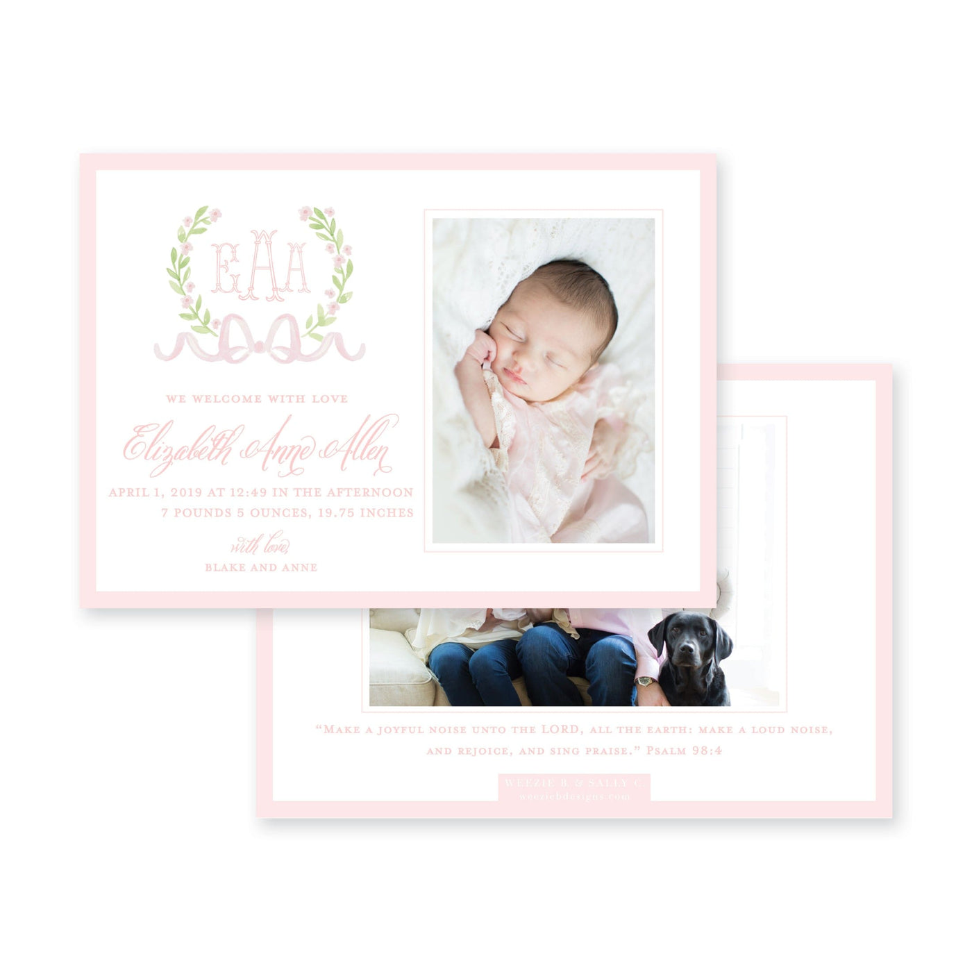 Sweet Watercolor Wreath and Bow Birth Announcement
