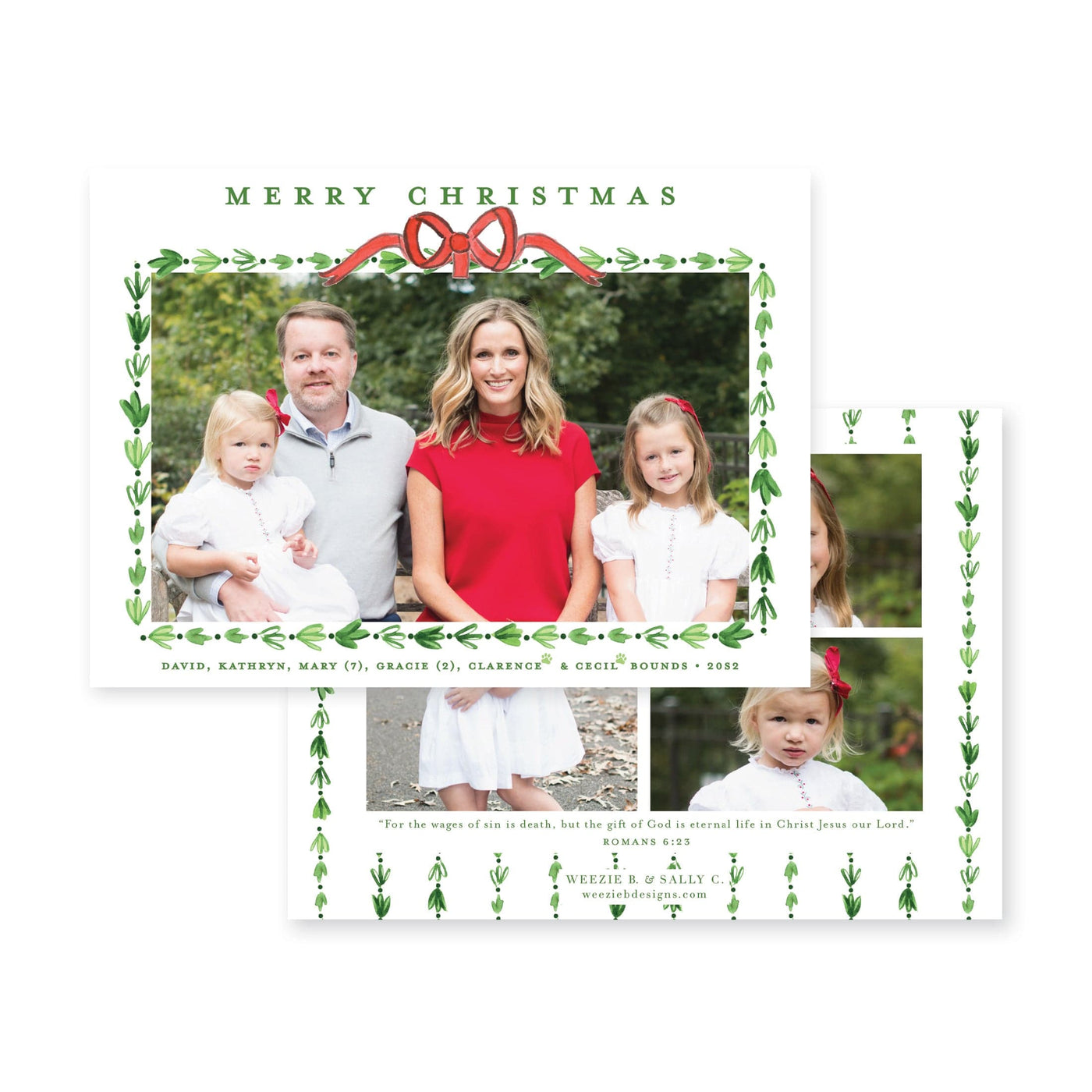 Dainty Greenery with Bow Horizontal Christmas Card