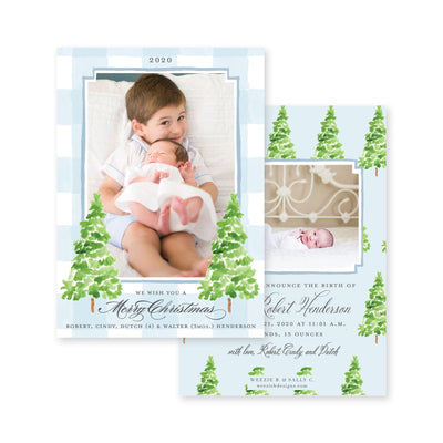 Watercolor Gingham with Evergreen Trees Birth Announcement Christmas Card