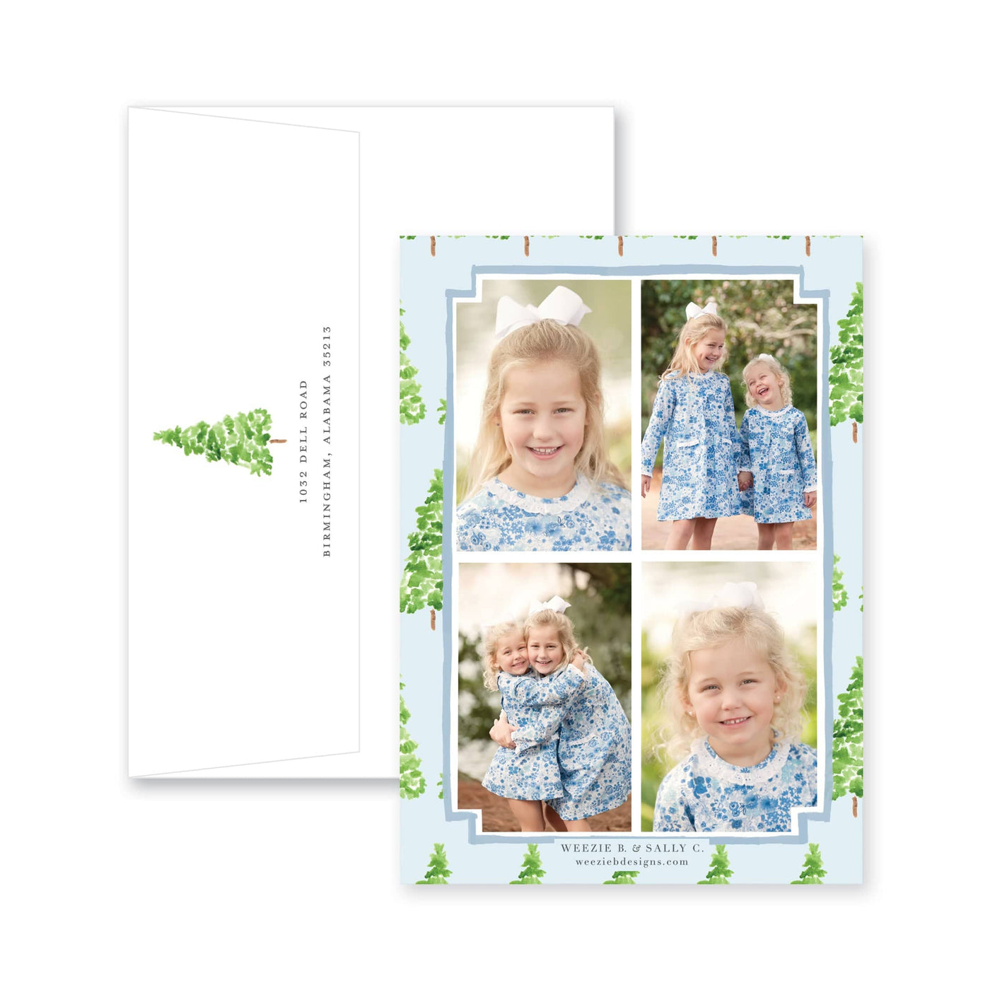 Watercolor Gingham with Evergreen Trees Vertical Christmas Card