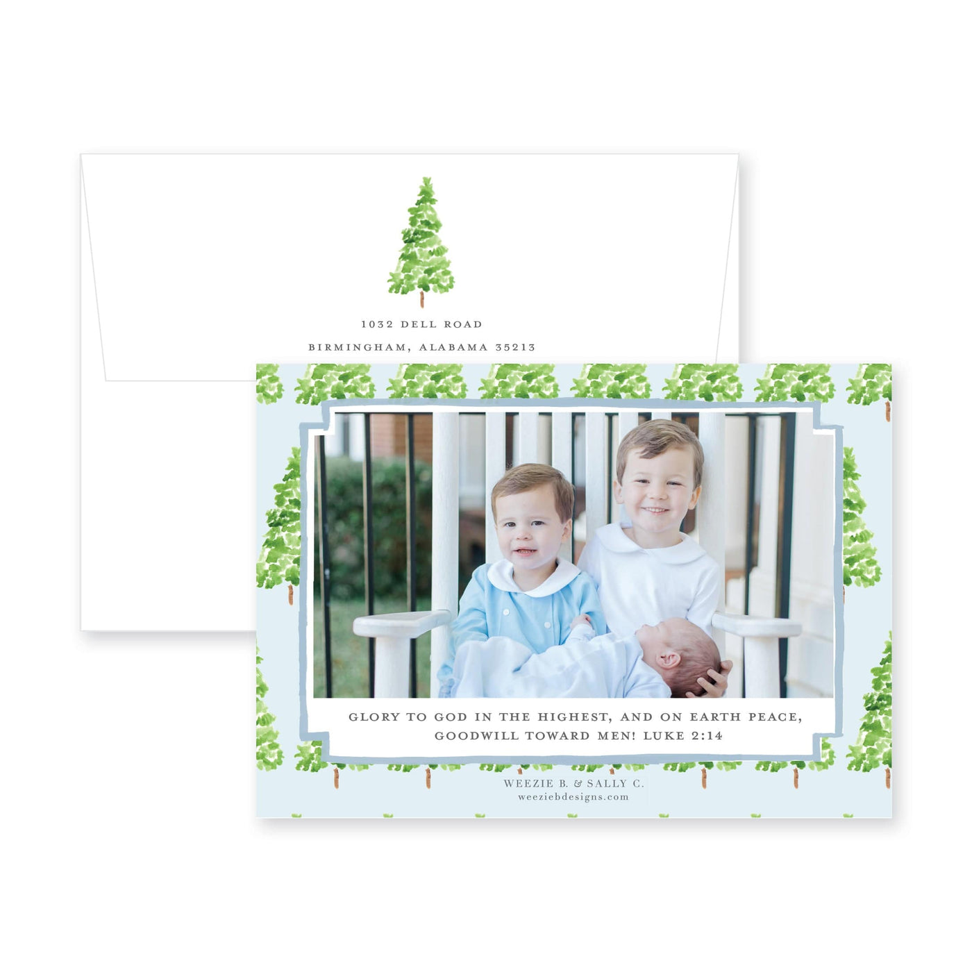 Watercolor Gingham with Evergreen Trees Horizontal Christmas Card