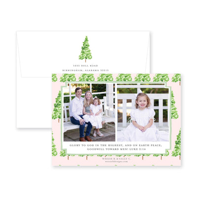 Watercolor Gingham with Evergreen Trees Horizontal Christmas Card