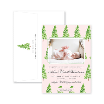 Watercolor Gingham with Evergreen Trees Birth Announcement Christmas Card