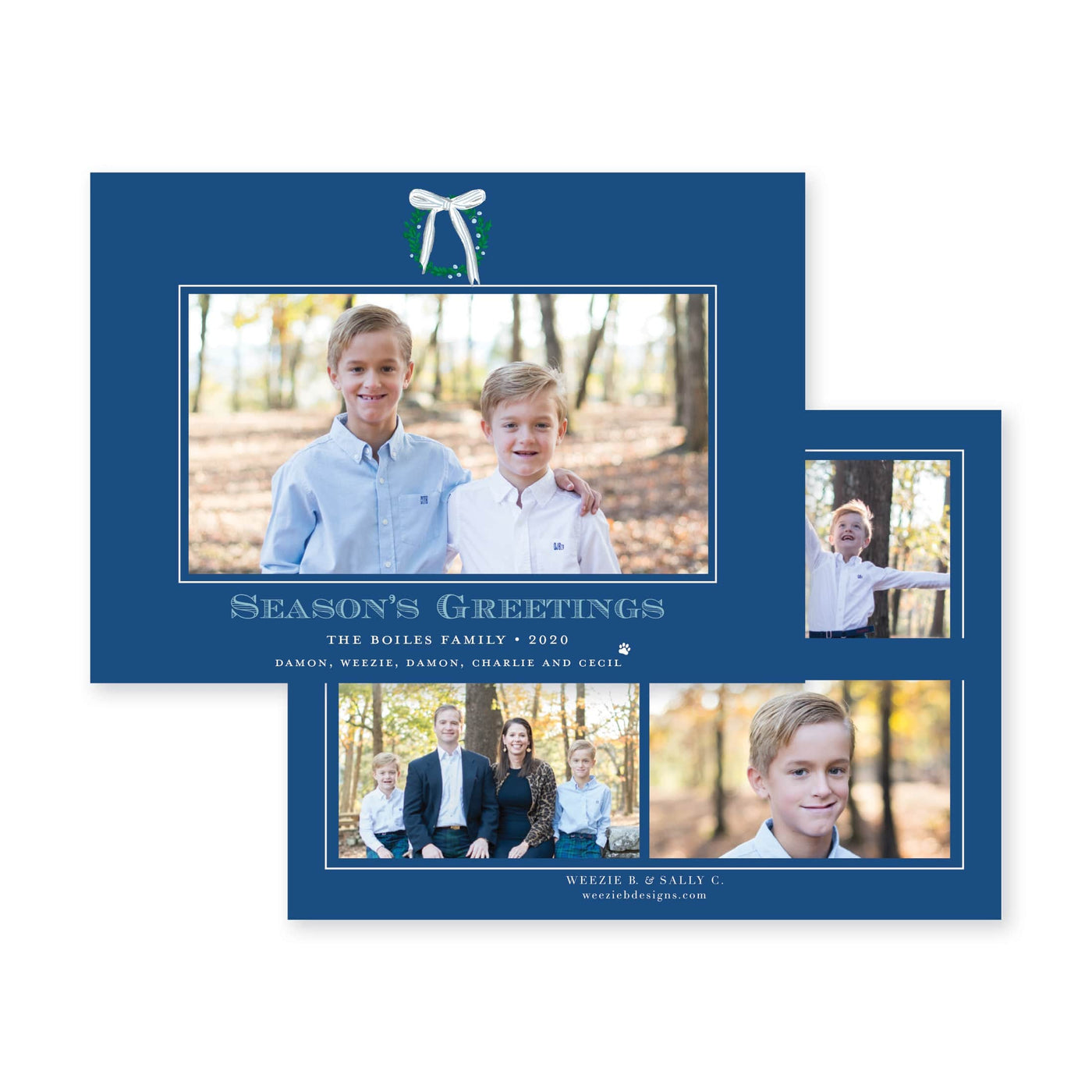 Simple Wreath with Blue Bow Horizontal Christmas Card