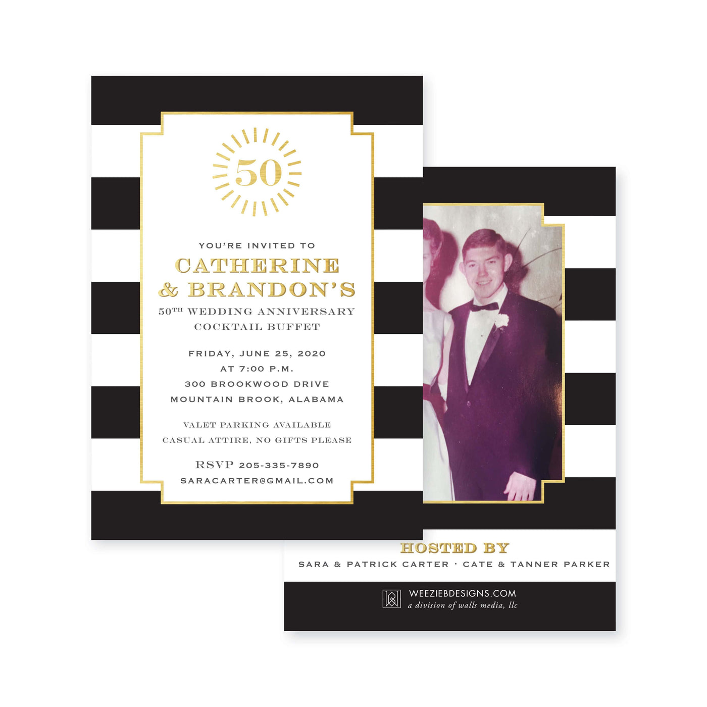 Weezie B. Designs | Classic Black & White Stripe Anniversary or Birthday Party Invitation