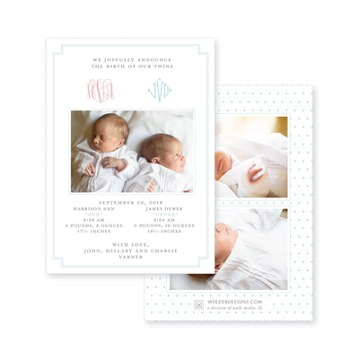 Weezie B. Designs |  Twin Classic Monogram Birth Announcement