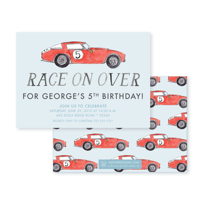Weezie B. Designs | Race On Over Watercolor Birthday Party Invitation