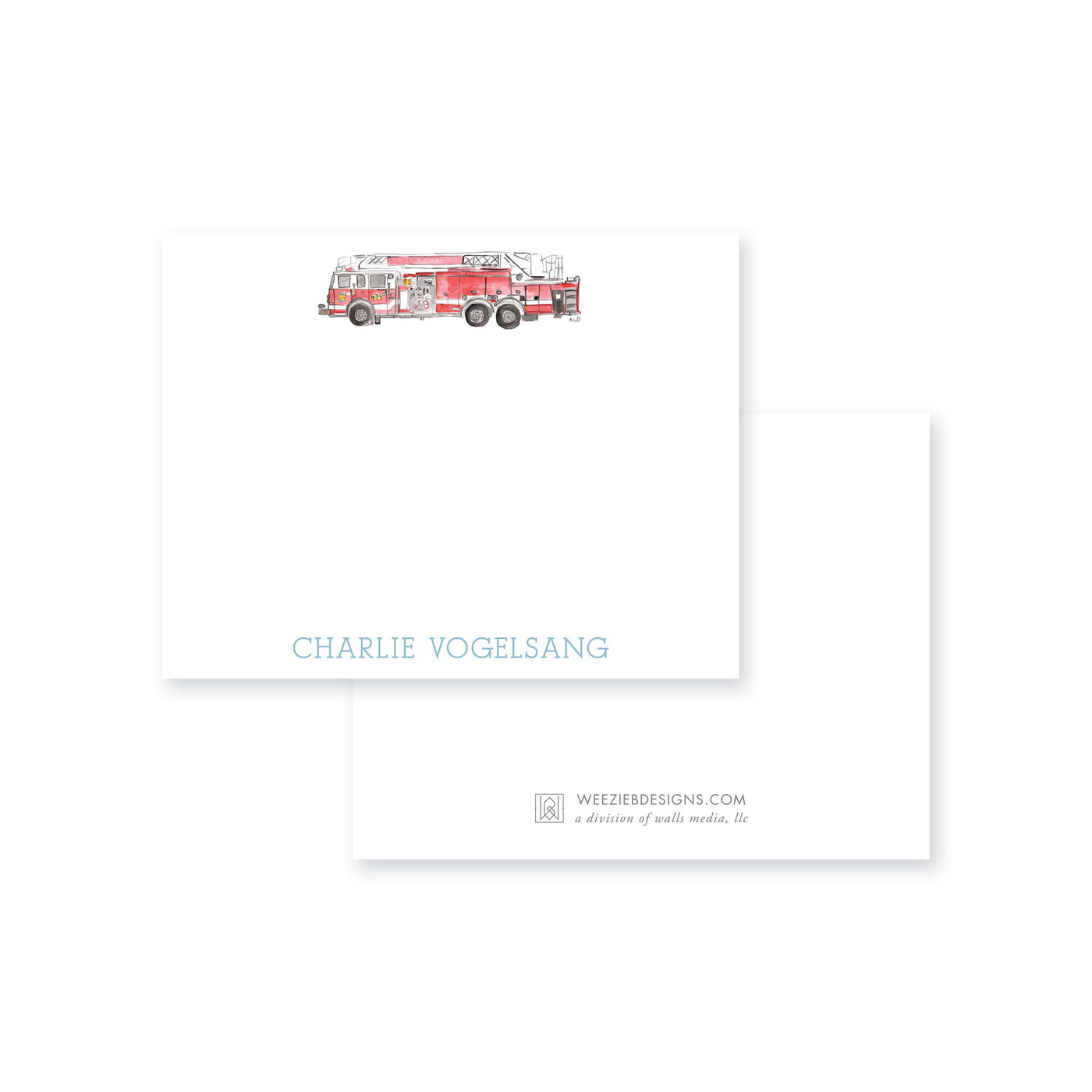 Weezie B. Designs | Watercolor Firetruck Personalized Flat Note Card