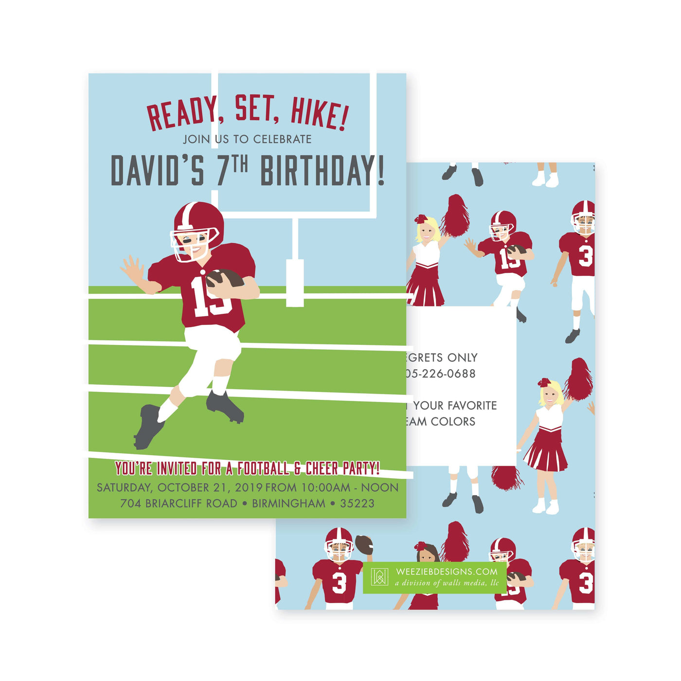 Weezie B. Designs | Football & Cheer Birthday Party Invitations