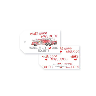 Weezie B. & Sally C. | Watercolor Firetruck Valentine's Day Gift Tags